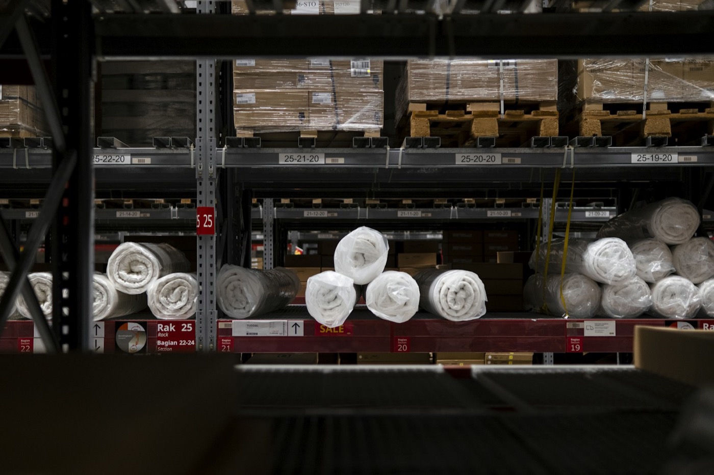 Carpet rolls stocked at the South Coast Floors warehouse in Southampton